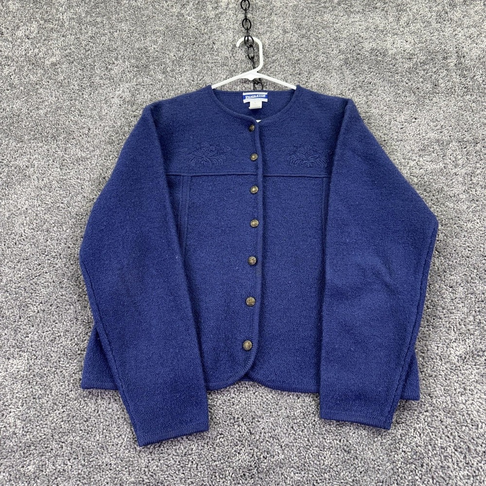 Vintage Pendleton Sweater Cardigan Womens Large Blue Wool Button Knit Crew Neck